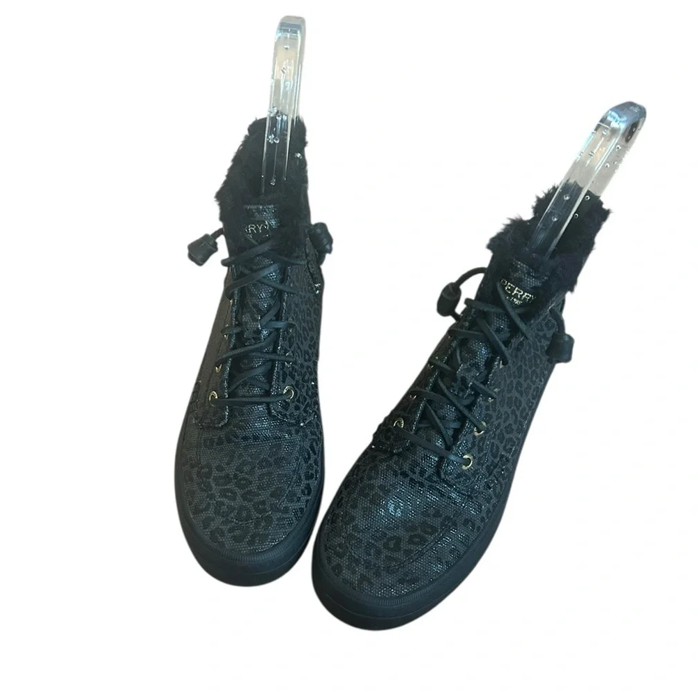 Sperry Black Leopard Crest Vibe Canvas Hightop Sneaker Fur Booties Women’s 7.5M